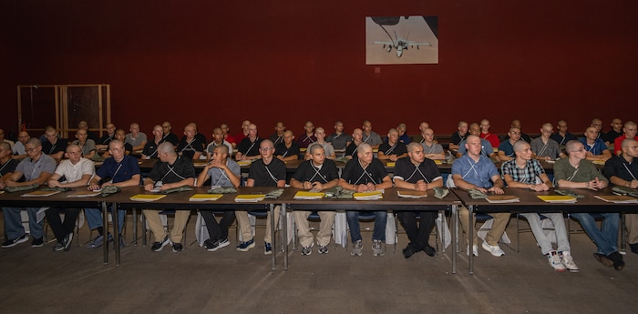 U.S. Marine Corps recruits with Hotel Company, 2nd Recruit Training Battalion, wait to receive a brief during a receiving event at Marine Corps Recruit Depot San Diego, California, Aug. 12, 2024. During the receiving process recruits are checked for contraband, given haircuts, make a scripted phone call home, and are issued their gear required for training. (U.S. Marine Corps photo by Lance Cpl. Janell B. Alvarez)