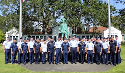 Participants in the 11th annual Airman-to-Airman talks between the Washington Air National Guard and the Royal Thai Air Force pose for a photo at Camp Murray, Wash., Aug. 7, 2024. The talks focused on air mobility, interoperability and space force programs.