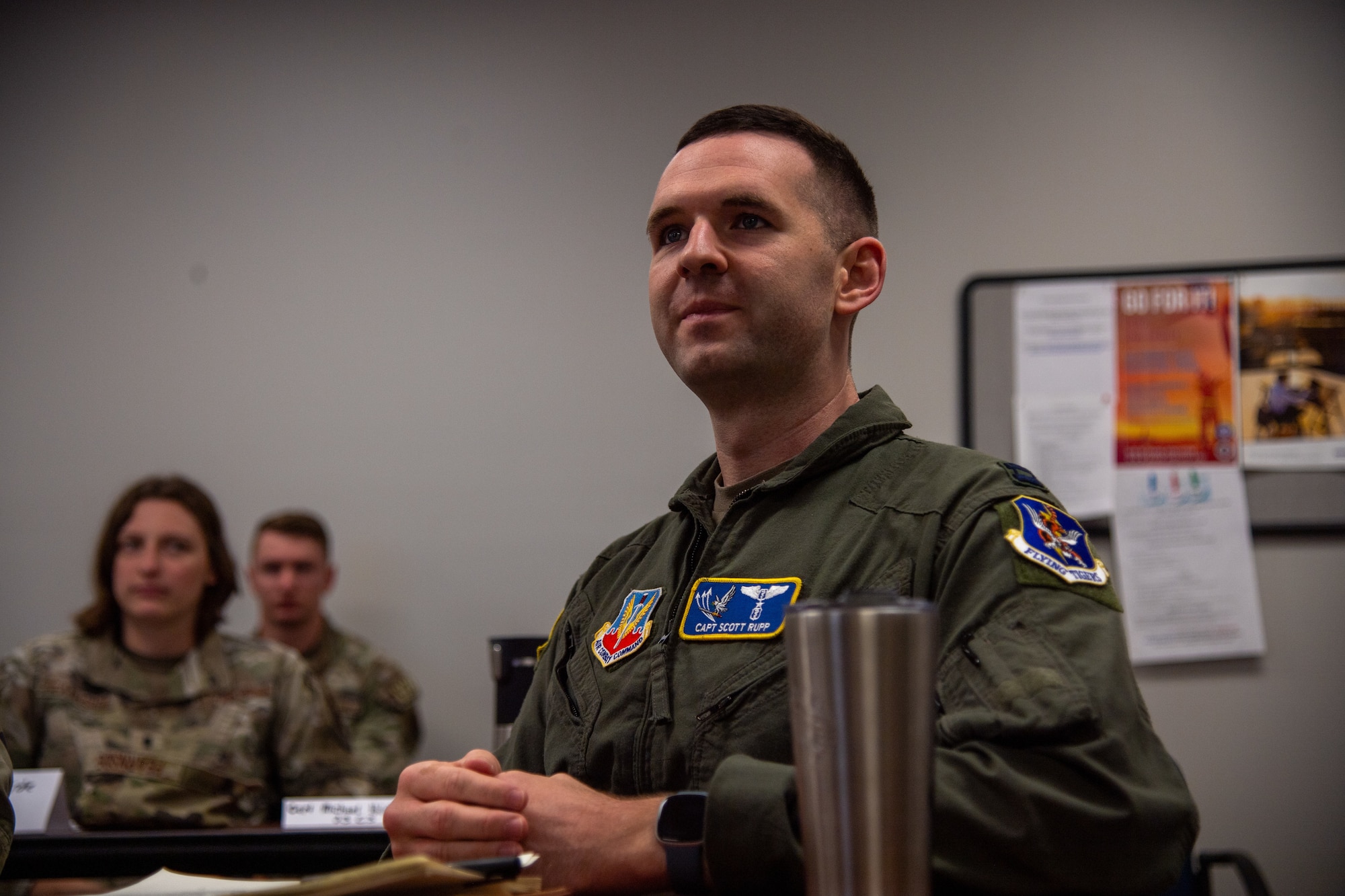 U.S. Air Force Capt. Scott Rupp, 347th Operations Support Squadron flight surgeon, participates in a flight commander course at Moody Air Force Base, Georgia, Aug. 1, 2024. The course gave students the opportunity to learn from their peers and instructors while strengthening their leadership capabilities. (U.S. Air Force photo by Airman 1st Class Cade Ellis)