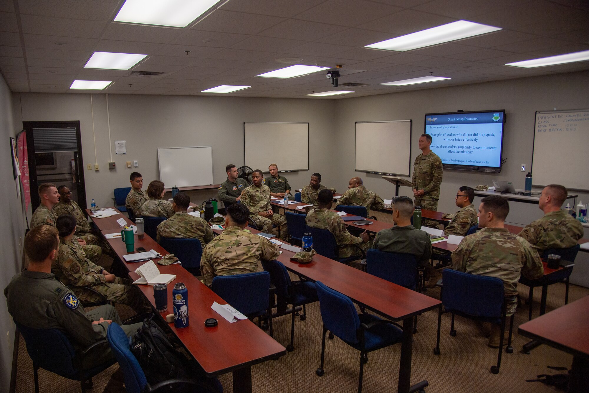 U.S. Air Force company grade officers participate in a flight commander course at Moody Air Force Base, Georgia, Aug. 1, 2024. The purpose of the course is to prepare young officers for leadership positions while increasing proficiency in key leadership behaviors. (U.S. Air Force photo by Airman 1st Class Cade Ellis)