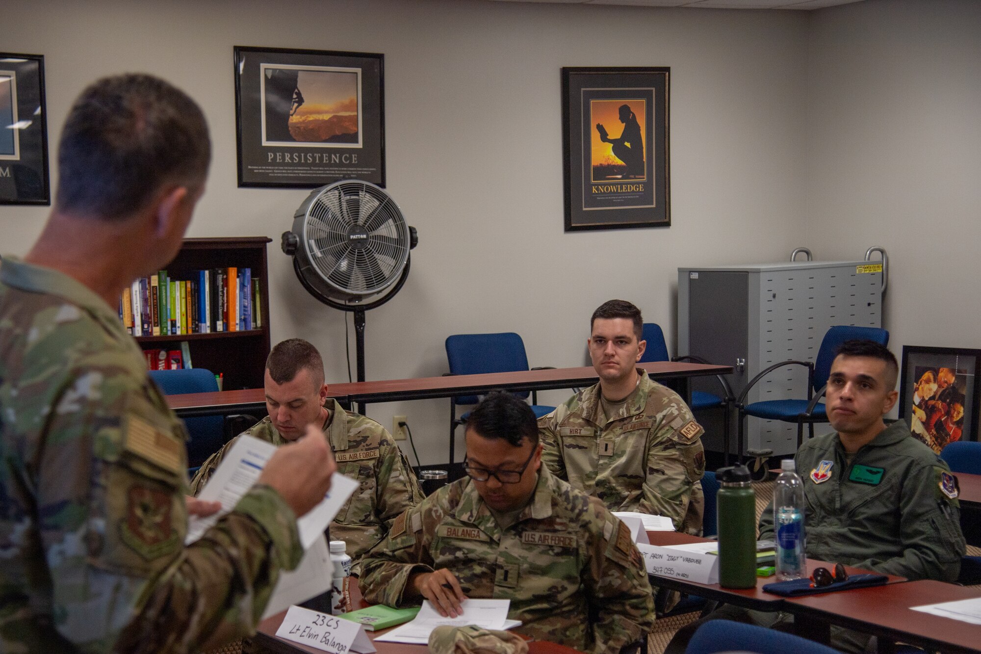 U.S. Air Force company grade officers receive instruction during a flight commander course at Moody Air Force Base, Georgia, Aug. 1, 2024. The curriculum is tailored to incorporate local leadership practices and challenges. (U.S. Air Force photo by Airman 1st Class Cade Ellis)