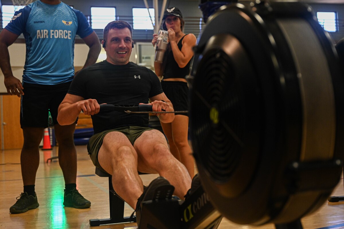 U.S. Air Force Lt. Col Luke Kaspari, 355th Comptroller Squadron commander, was one of the two members chosen to represent CPTS on the rowing event at Davis-Monthan Air Force Base, Ariz., Aug. 14, 2024. The 355th Comptroller Squadron won first place for the base olympics and each member was awarded a medal.  (U.S. Air Force photo by Senior