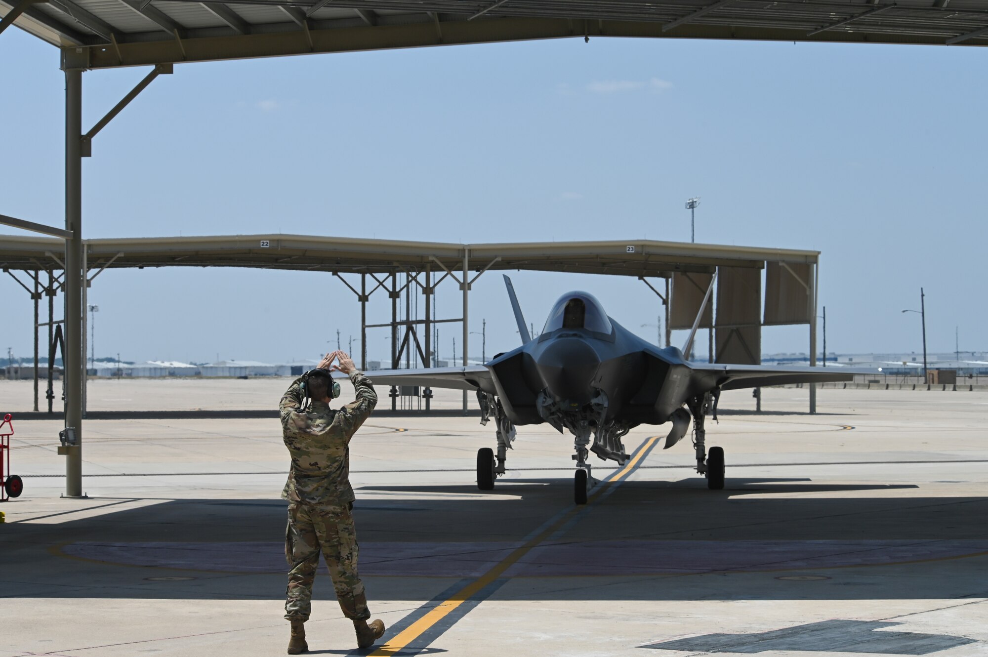 An F-35A Lightning II from Hill Air Force Base, Utah arrives to the flightline at Naval Air Station Joint Reserve Base Fort Worth, Texas, Aug. 8, 2024.