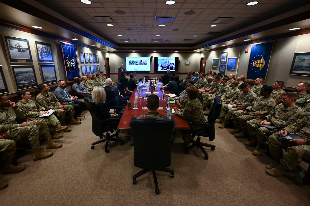 U.S. Air Force Vice Chief of Staff Gen. Jim Slife sits with 17th Training Wing personnel and civic leaders during the Wing Mission Brief at the Norma Brown Building during a visit, Goodfellow Air Force Base, Texas, Aug. 14, 2023. The Wing Mission Brief introduces visitors to each of the groups and squadrons that fall under the 17th TRW, including geographically separated units, and explains how their operations support the 17th TRW’s mission. (U.S. Air Force photo by Airman 1st Class Madi Collier)