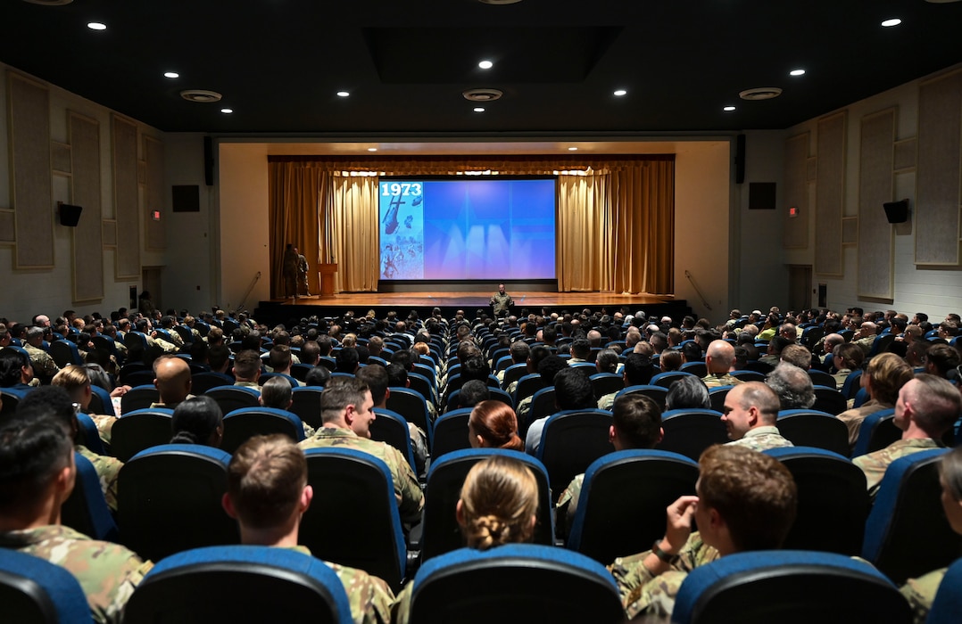 U.S. Air Force Vice Chief of Staff Gen. Jim Slife speaks to Airmen assigned to the 17th Training Wing during an all-call at the base theater during his visit, Goodfellow Air Force Base, Texas, Aug. 14, 2023. During his all-call, he emphasized the importance of prioritizing people development, projecting power, generating readiness, and enhancing capabilities across the Air Force. (U.S. Air Force photo by Airman 1st Class Madi Collier)