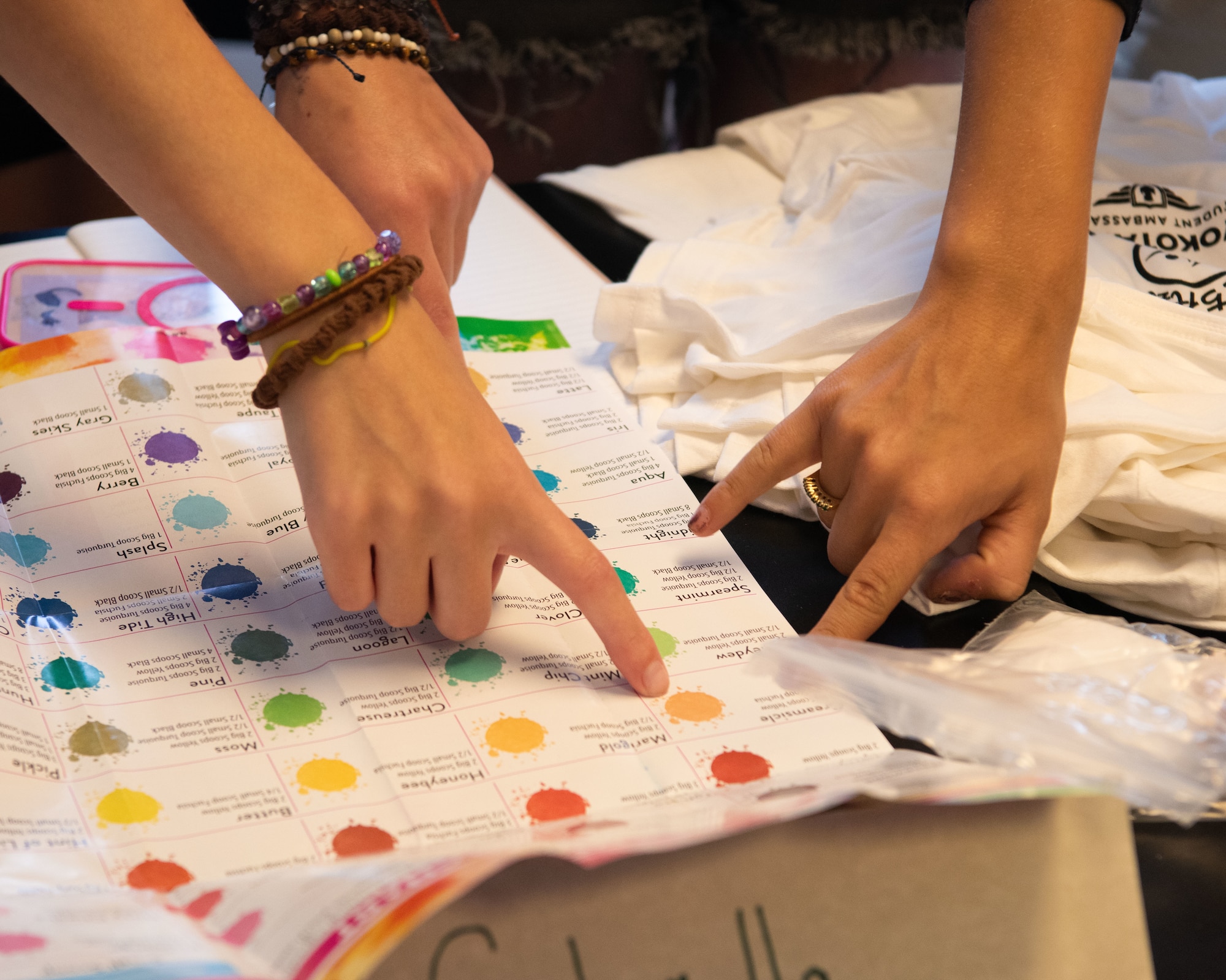Two students point to different colors on a color palette sheet.