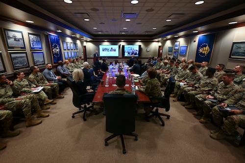 U.S. Air Force Vice Chief of Staff Gen. Jim Slife sits with 17th Training Wing personnel and civic leaders during the Wing Mission Brief at the Norma Brown Building during a visit, Goodfellow Air Force Base, Texas, Aug. 14, 2023. The Wing Mission Brief introduces visitors to each of the groups and squadrons that fall under the 17th TRW, including geographically separated units, and explains how their operations support the 17th TRW’s mission. (U.S. Air Force photo by Airman 1st Class Madi Collier)
