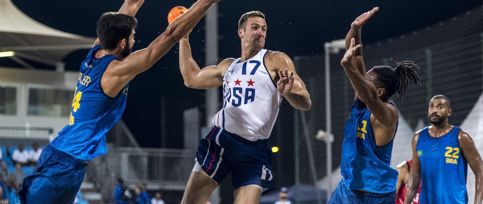 U.S. Space Force Maj. Andrew Donlin, a program manager at Space Systems Command, Los Angeles Air Force Base, competes in an International Handball Federation competition as a member of the U.S. Men’s National Team. Among Donlin’s successes as a handball athlete and former World Class Athlete, he was named a Department of the Air Force “Athlete of the year” in 2023.