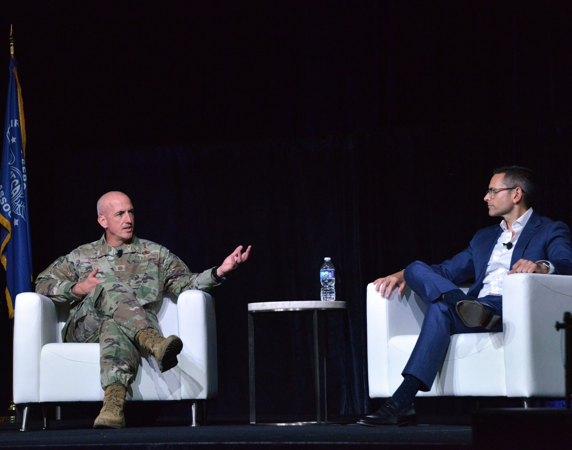 Chief Master Sgt. of the Air Force David A. Flosi addresses Airmen and Guardians at the Air Force Sergeants Association in Houston, Texas, Aug. 13, 2024. Flosi discussed quality of life and service topics, such as childcare, retention and military pay. Senior enlisted leaders gathered at the AFSA Summit to strategize, enhance innovation, and advance development for the Department of the Air Force. (U.S. Air Force photo by 2nd Lt. Faith Powers)