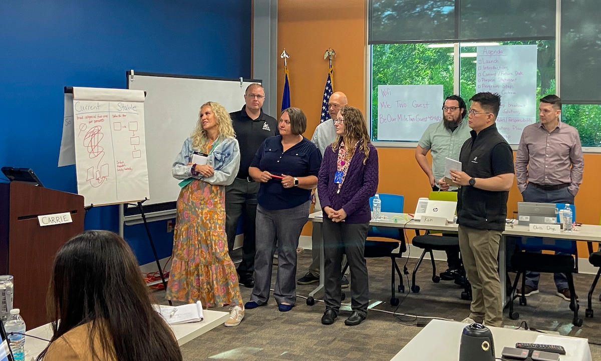 Teams from across AFWERX met in person for a process improvement off-site event to focus on making critical changes to the Open Topic program in Dayton, Ohio, June 25-26, 2024. The two-day exercise incorporated AFWERX cross-divisional teams to address the solicitation schedule, automation needs and additional requirements. (U.S. Air Force photo / Lt. Col. Carrie Kessler)