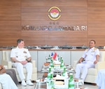 Vice Adm. Fred Kacher, commander, U.S. 7th Fleet, meets with Commander of the Indonesian Fleet Command, Vice Adm. Denih Hendrata, for an office call in Jakarta, Indonesia, July 31, 2024.