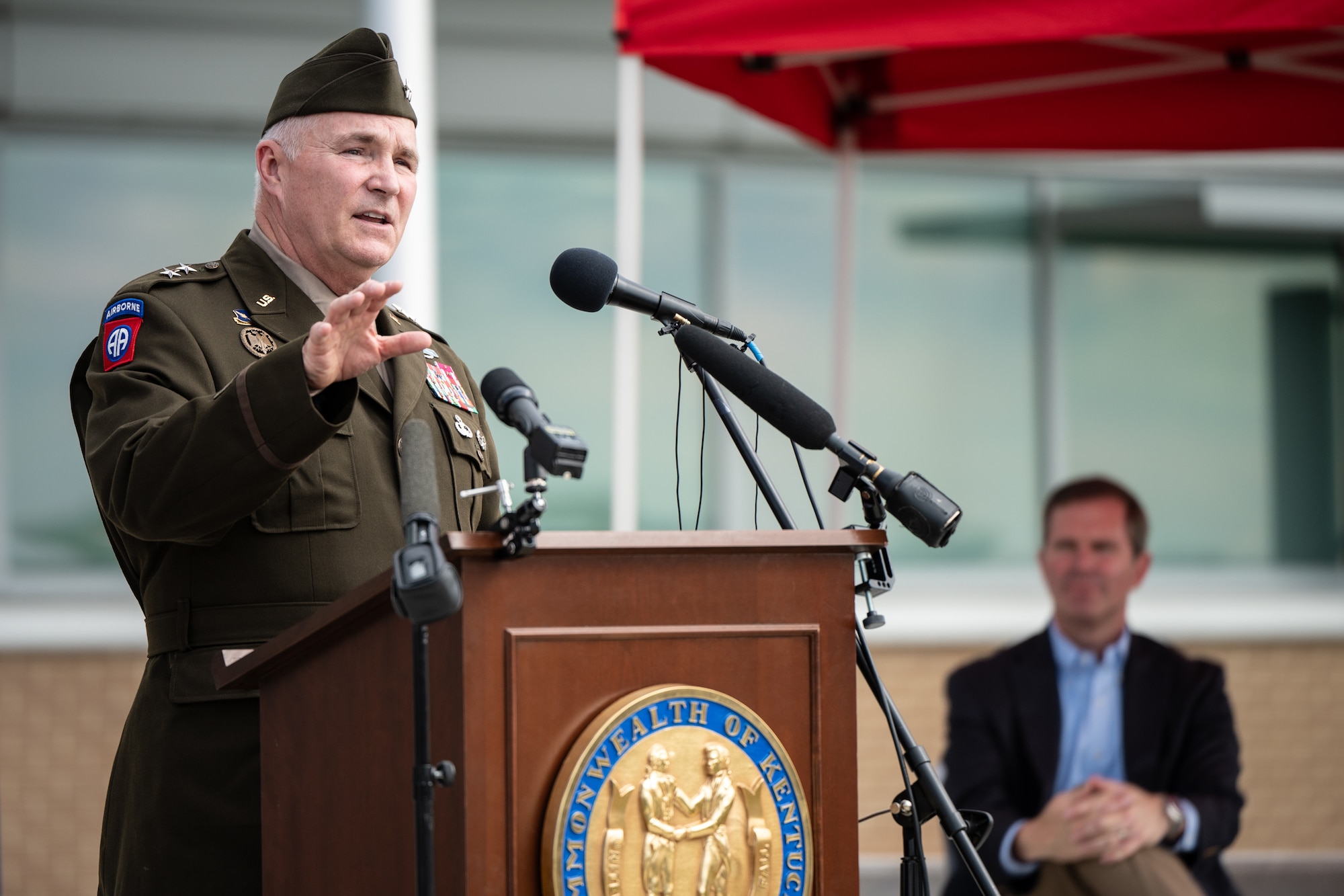 U.S. Army Maj. Gen. Haldane Lamberton, adjutant general of the Kentucky National Guard, speaks at the ribbon-cutting ceremony for a new Joint Force Headquarters building at Boone National Guard Center in Frankfort, Ky., Aug. 13, 2024. The 63,000 square-foot, $15.9 million facility marks a new era of increased operational efficiency, with the top command elements of both the Kentucky Army and Air National Guard being located at the same site for the first time. (U.S. Air National Guard photo by Dale Greer)