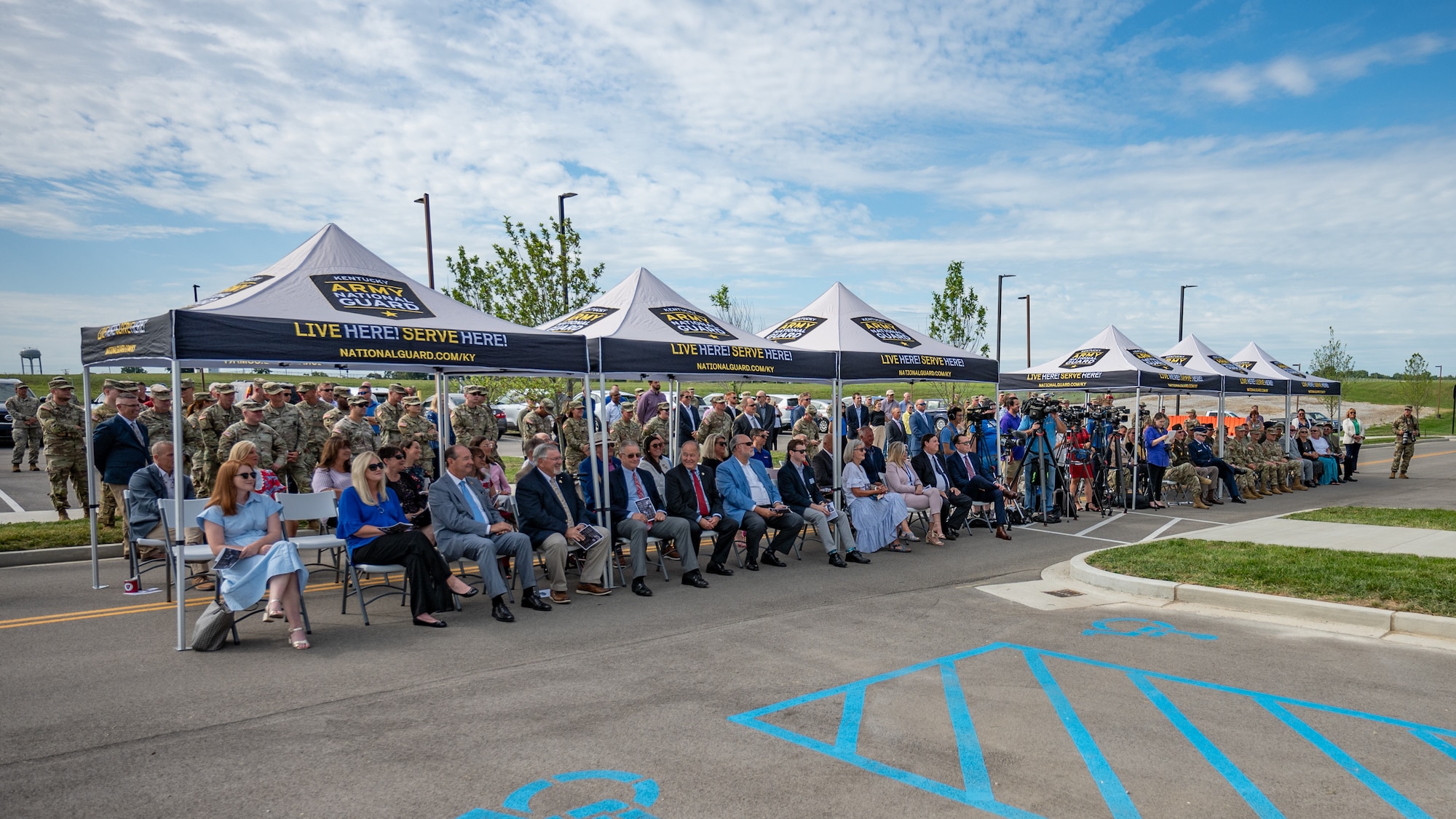 Hundreds of Kentucky National Guard troops and guests attend the ribbon-cutting ceremony for a new Joint Force Headquarters building at Boone National Guard Center in Frankfort, Ky., Aug. 13, 2024. The 63,000 square-foot, $15.9 million facility marks a new era of increased operational efficiency, with the top command elements of both the Kentucky Army and Air National Guard being located at the same site for the first time. (U.S. Air National Guard photo by Dale Greer)