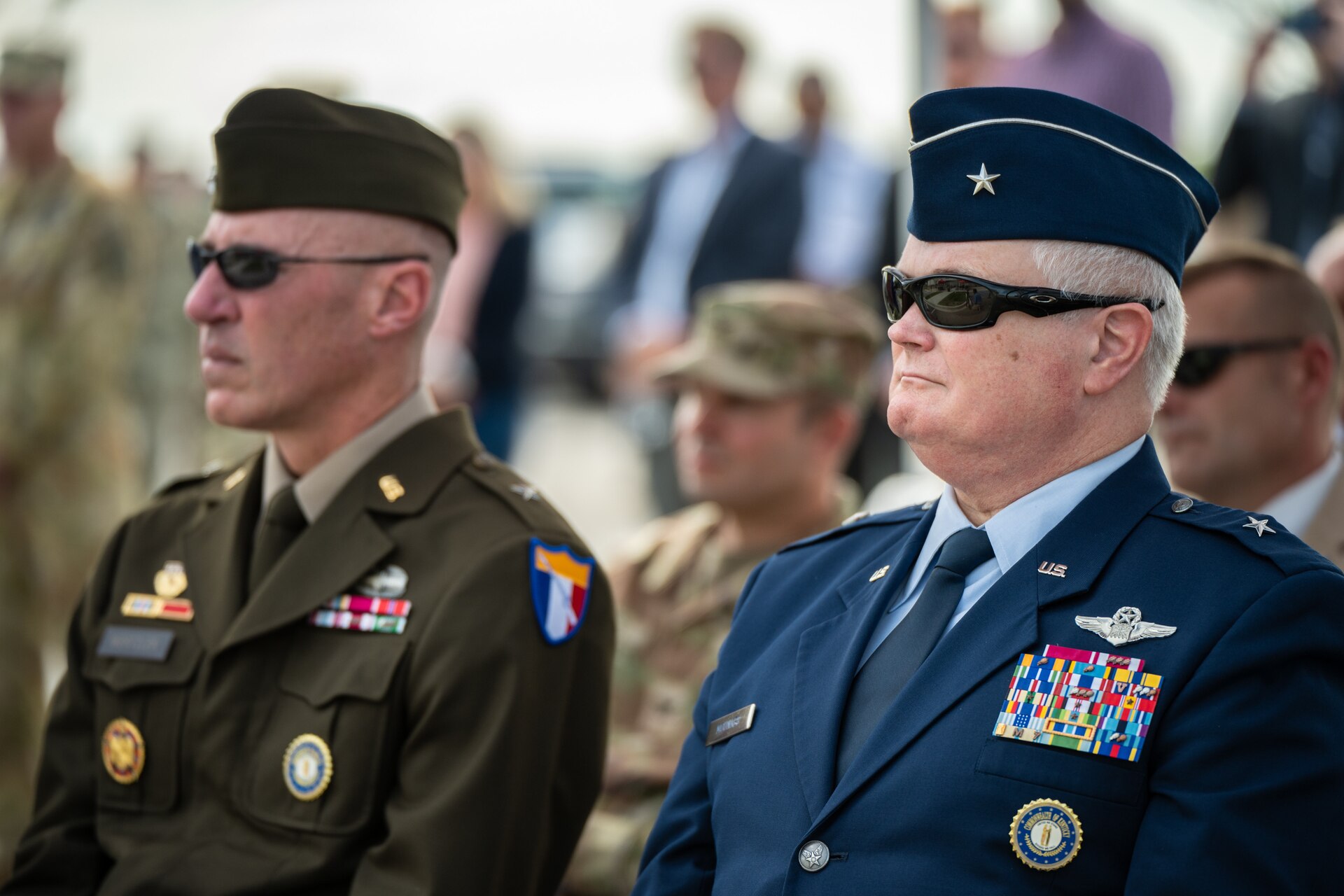 U.S. Army Brig. Gen. Brian Wertzler, left, deputy adjutant general of the Kentucky National Guard, and U.S. Air Force Brig. Gen. David Mounkes, assistant adjutant general for Air, attend the ribbon-cutting ceremony for a new Joint Force Headquarters building at Boone National Guard Center in Frankfort, Ky., Aug. 13, 2024. The 63,000 square-foot, $15.9 million facility marks a new era of increased operational efficiency, with the top command elements of both the Kentucky Army and Air National Guard being located at the same site for the first time. (U.S. Air National Guard photo by Dale Greer)