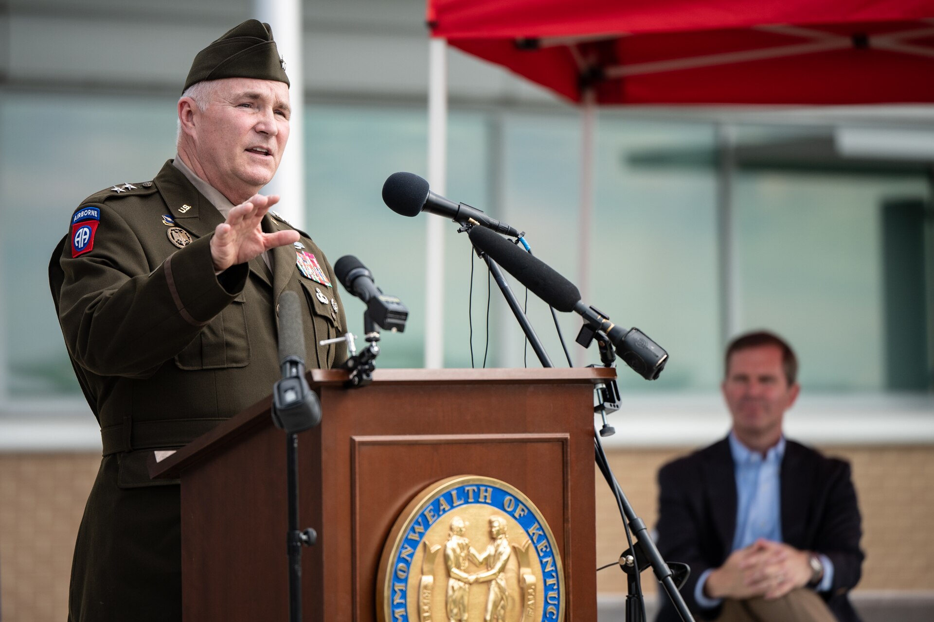 U.S. Army Maj. Gen. Haldane Lamberton, adjutant general of the Kentucky National Guard, speaks at the ribbon-cutting ceremony for a new Joint Force Headquarters building at Boone National Guard Center in Frankfort, Ky., Aug. 13, 2024. The 63,000 square-foot, $15.9 million facility marks a new era of increased operational efficiency, with the top command elements of both the Kentucky Army and Air National Guard being located at the same site for the first time. (U.S. Air National Guard photo by Dale Greer)