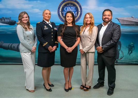 FY23 NAVSEA Excellence in Public Affairs - NSWC PCD Public Affairs Team
(left to right) Cierra Burch, Maj. Allison Burns, Katherine Mapp, Shauna Love-vonKnoblauch, and Jeremy Roman.