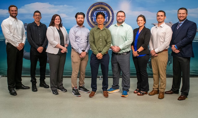 FY23 One NAVSEA Teamwork Award - Autonomous Dry Dock Survey Team: (left to right) Jesse Ardonne, Gustavo Miranda-Lopez, Allison Price, Jason Price, Rommel Mandapat, Dr. Joshua Weaver, Paige George, Blake Ivy, and Brandon Sheffield.
(Not pictured: Brandon Davis, Kinsey Taylor, Dr. Patrick Walters)