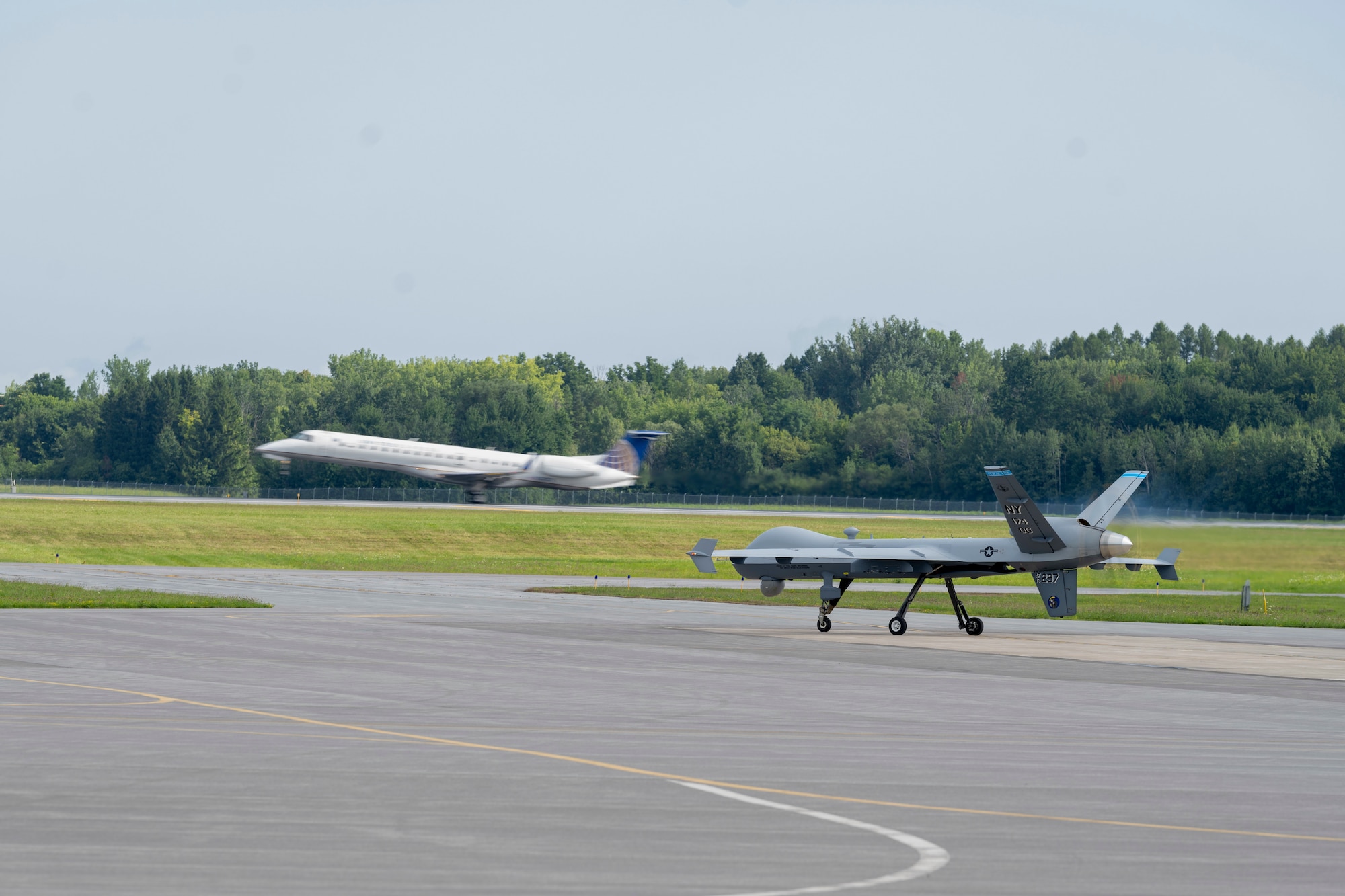 An MQ-9 Reaper assigned to the 174th Attack Wing can be seen on a taxiway at Hancock Field Air National Guard Base, New York, Aug. 12, 2024.