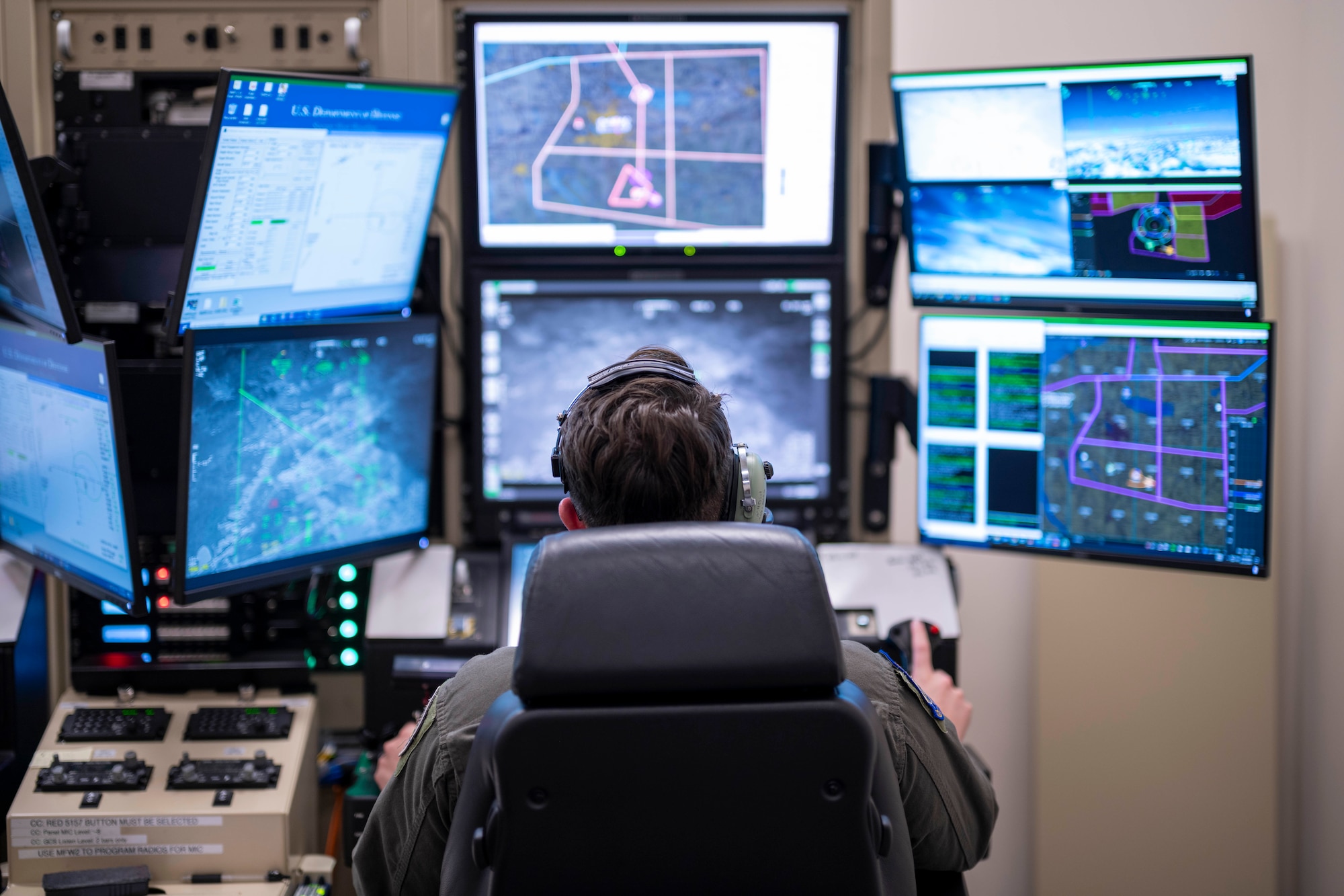 U.S. Air Force Tech. Sgt. Dallas Balli, 491st Attack Squadron noncommissioned officer in charge of weapons and tactics, operates an MQ-9 Reaper multi-spectral targeting system at Hancock Field Air National Guard Base, New York, Aug. 12, 2024.