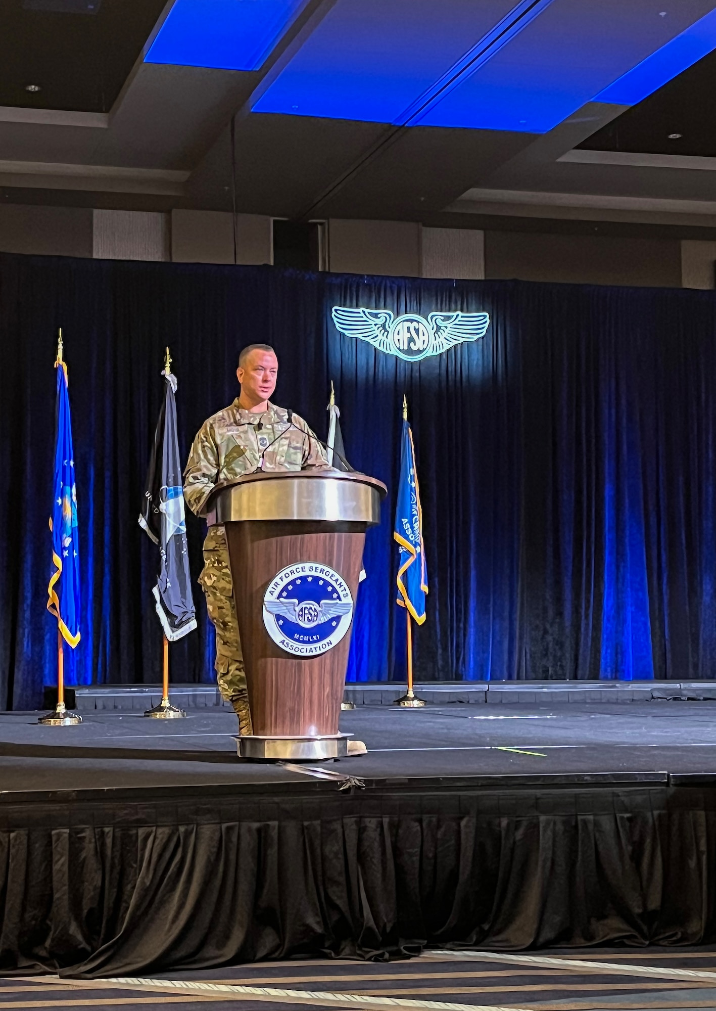 U.S. Space Force Chief Master Sgt. Caleb Lloyd, Space Operations Command senior enlisted leader, speaks to Airmen and Guardians at the 2024 Air Force Sergeant's Association International Convention in Houston, Texas, Aug. 14, 2024. During the AFSA event, Chief Lloyd educated audience members about the Space Force Generation cycle and the changing warfighting domain.