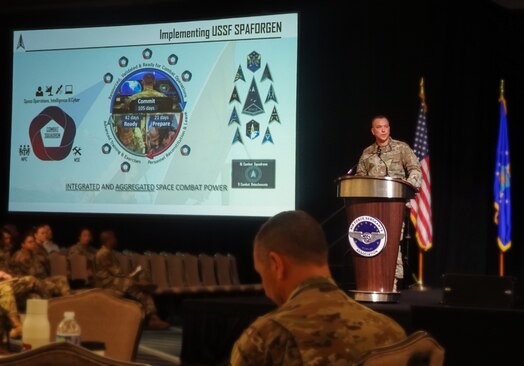  U.S. Space Force Chief Master Sgt. Caleb Lloyd, Space Operations Command senior enlisted leader, speaks to Airmen and Guardians at the 2024 Air Force Sergeant's Association International Convention in Houston, Texas, Aug. 14, 2024. During the AFSA event, Chief Lloyd educated audience members about the Space Force Generation cycle and the changing warfighting domain.