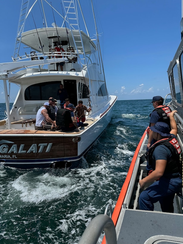 A Coast Guard Station St. Petersburg 45-foot Response Boat-Medium boat crew medevacs a 51-year-old man from the fishing boat, Team Galati, 45 miles west of Anna Maria Island, Florida, Aug. 16, 2024. The 51-year-old man was later transferred to an MH-60 Jayhawk helicopter air crew from Air Station Clearwater and transported to Tampa General hospital for further care. (U.S. Coast Guard Station St. Petersburg photo)