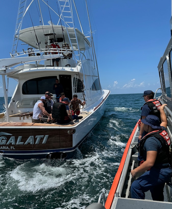 A Coast Guard Station St. Petersburg 45-foot Response Boat-Medium boat crew medevacs a 51-year-old man from the fishing boat, Team Galati, 45 miles west of Anna Maria Island, Florida, Aug. 16, 2024. The 51-year-old man was later transferred to an MH-60 Jayhawk helicopter air crew from Air Station Clearwater and transported to Tampa General hospital for further care. (U.S. Coast Guard Station St. Petersburg photo)