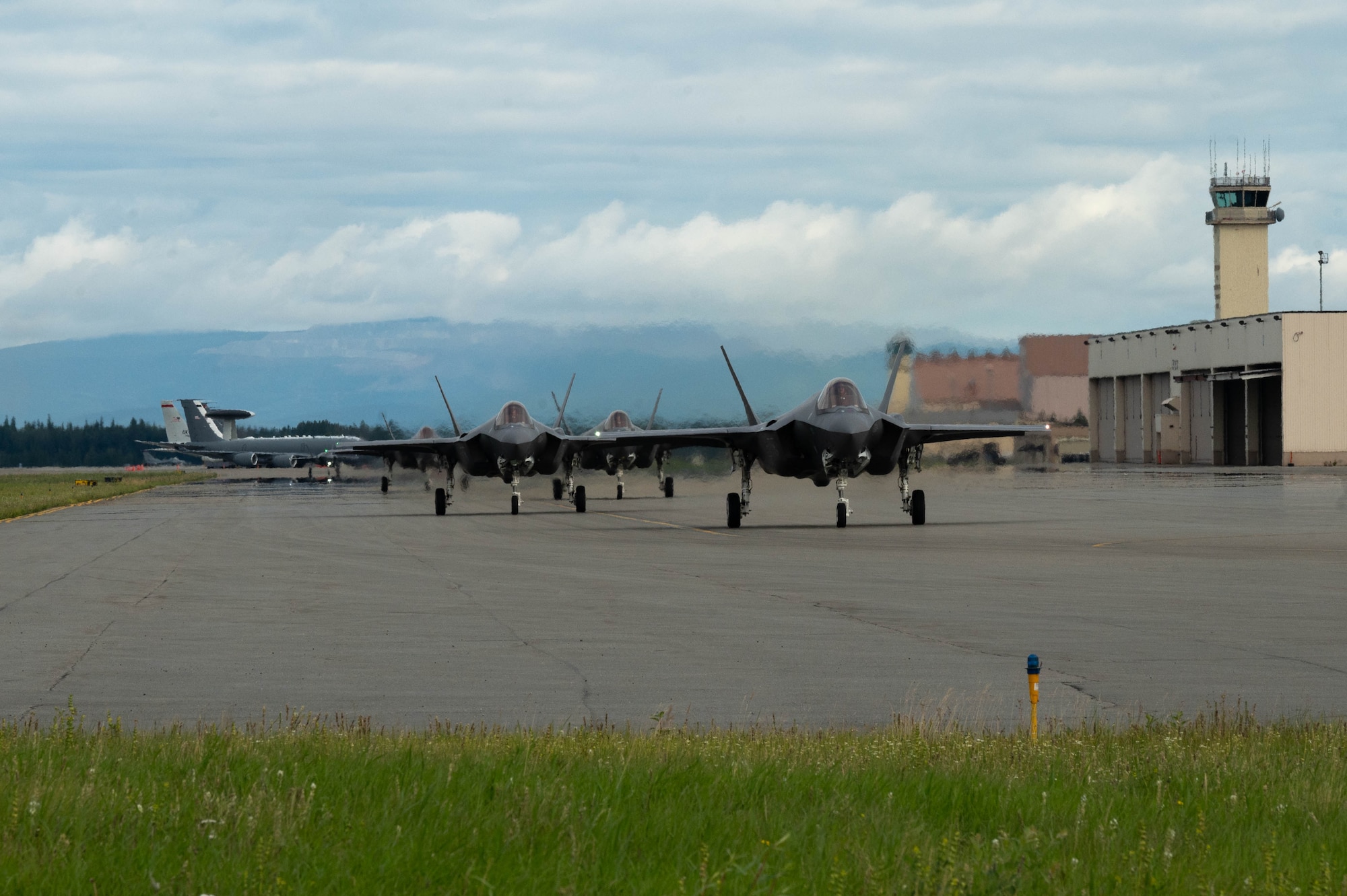 An F-35A Lightning II, assigned to the 355th Fighter Squadron, taxis on the runway before taking off during Red Flag-Alaska (RF-A) 24-3 at Eielson Air Force Base, Alaska, Aug. 14, 2024.