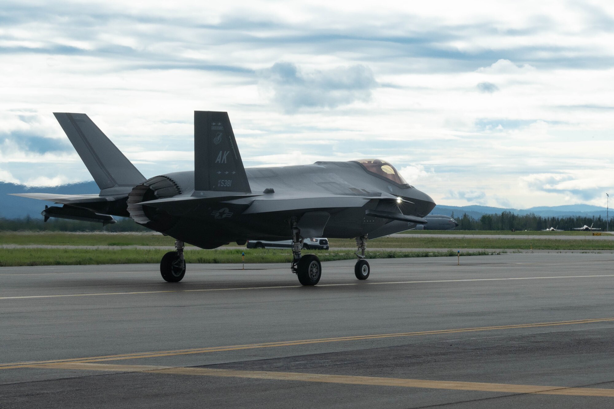 An F-35A Lightning II, assigned to the 355th Fighter Squadron, taxis on the runway before taking off during Red Flag-Alaska (RF-A) 24-3 at Eielson Air Force Base, Alaska, Aug. 14, 2024.