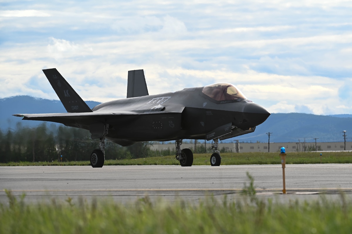 An F-35A Lightning II, assigned to the 355th Fighter Squadron, taxis on the runway before taking off during Red Flag-Alaska (RF-A) 24-3 at Eielson Air Force Base, Alaska, Aug. 14, 2024.