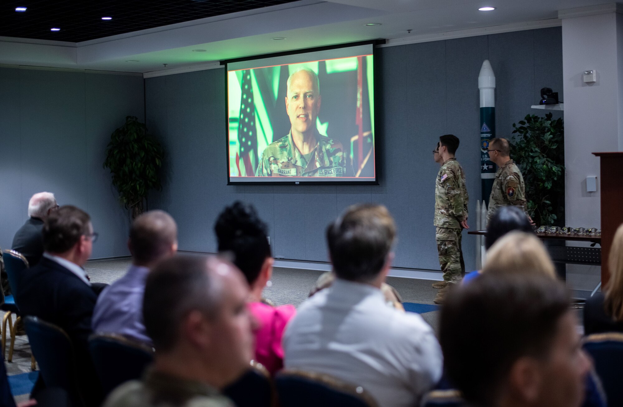 U.S. Space Force Lt. Gen. Philip A. Garrant, commanding officer of Space Systems Command, headquartered at Los Angeles Air Force Base, California, virtually gives the keynote remarks during the anniversary celebration on August 13, 2024. Garrant highlighted the long-standing history of the Western Development Division, successes of SSC during its first three years as a field command, and future-driven focus of Guardians as they continue to secure American interests in, from, and to space.