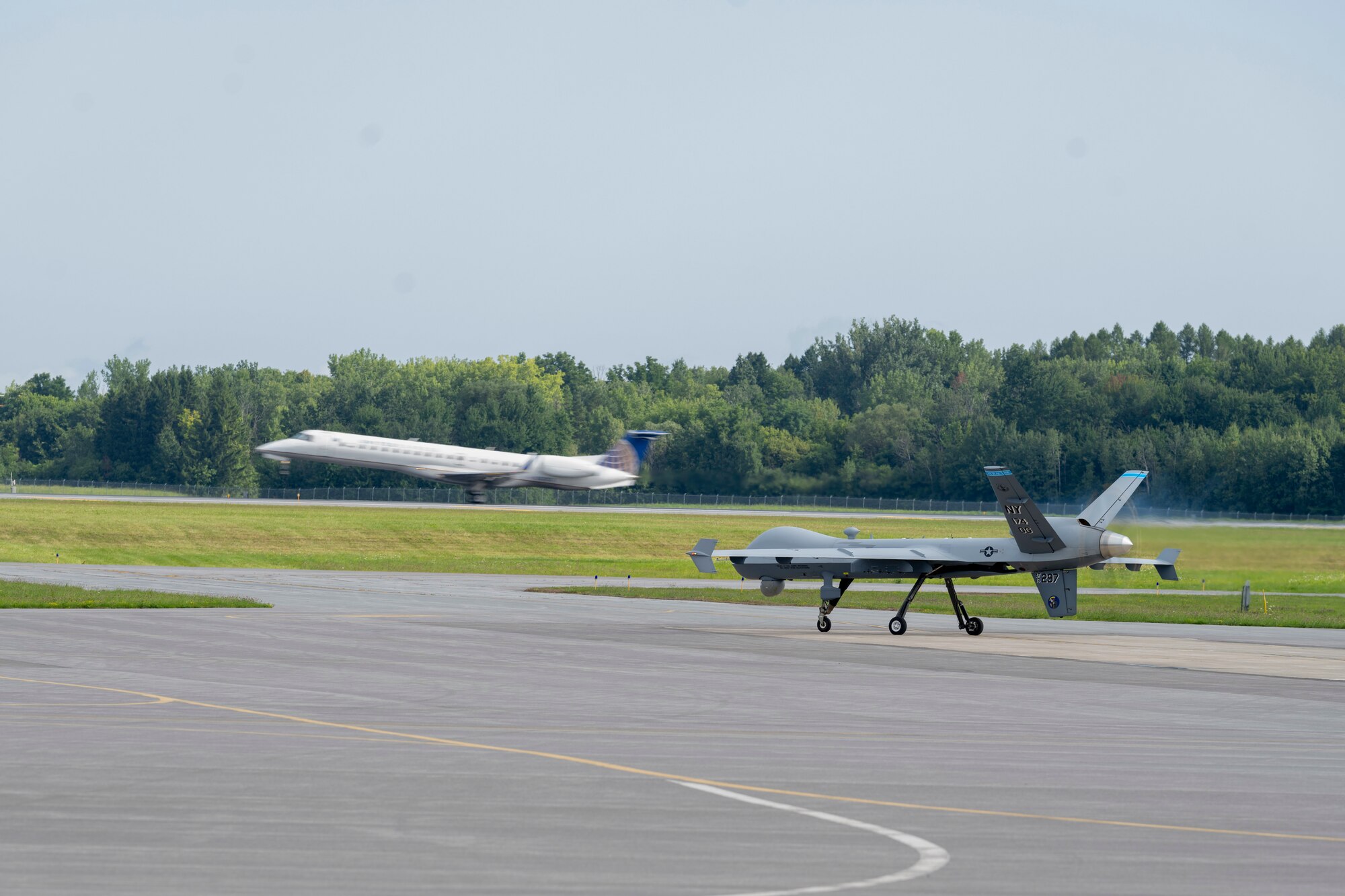 An MQ-9 Reaper assigned to the 174th Attack Wing can be seen on a taxiway at Hancock Field Air National Guard Base, New York, Aug. 12, 2024.