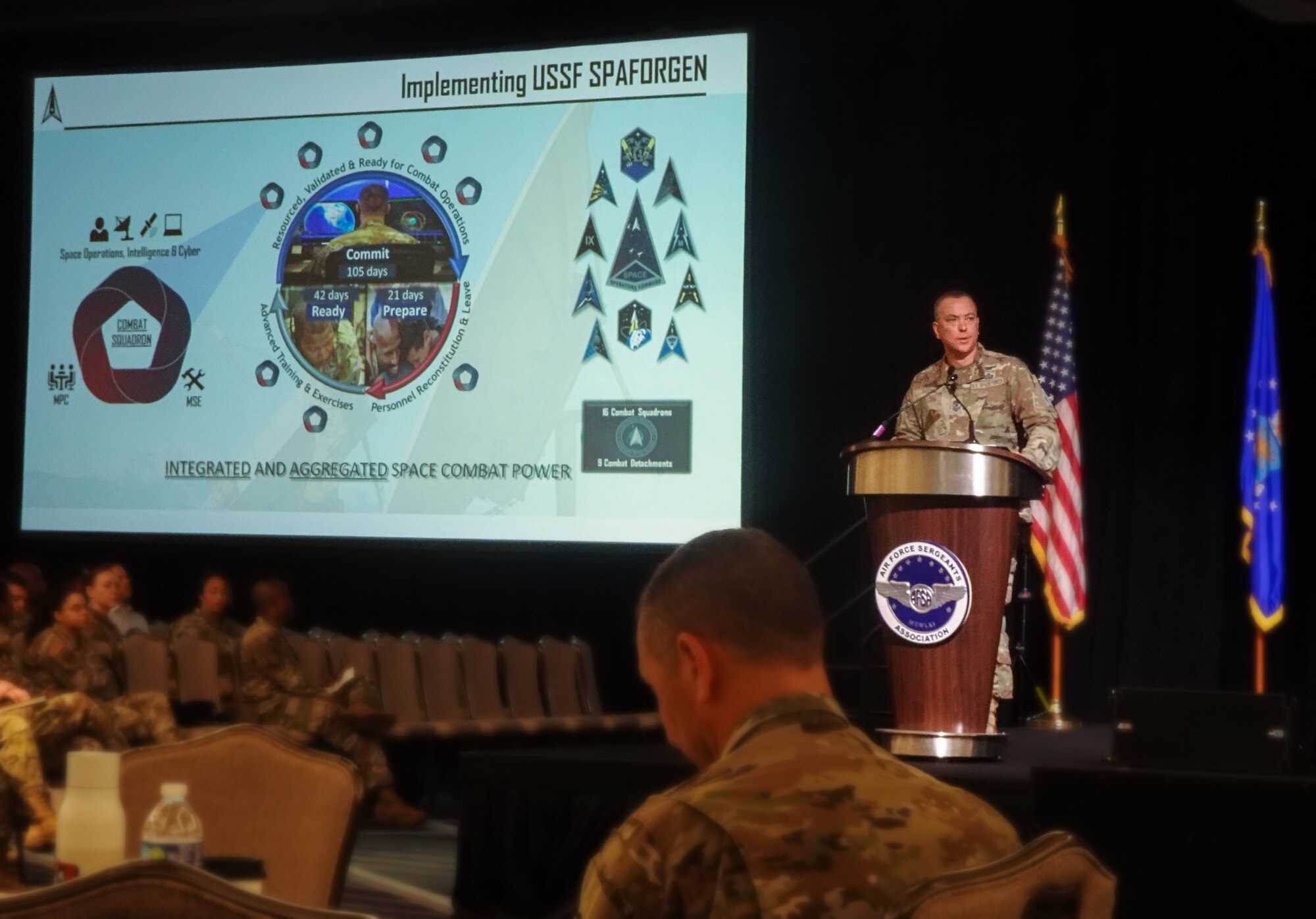U.S. Space Force Chief Master Sgt. Caleb Lloyd, Space Operations Command senior enlisted leader, speaks to Airmen and Guardians at the 2024 Air Force Sergeant's Association International Convention in Houston, Texas, Aug. 14, 2024. During the AFSA event, Chief Lloyd educated audience members about the Space Force Generation cycle and the changing warfighting domain.