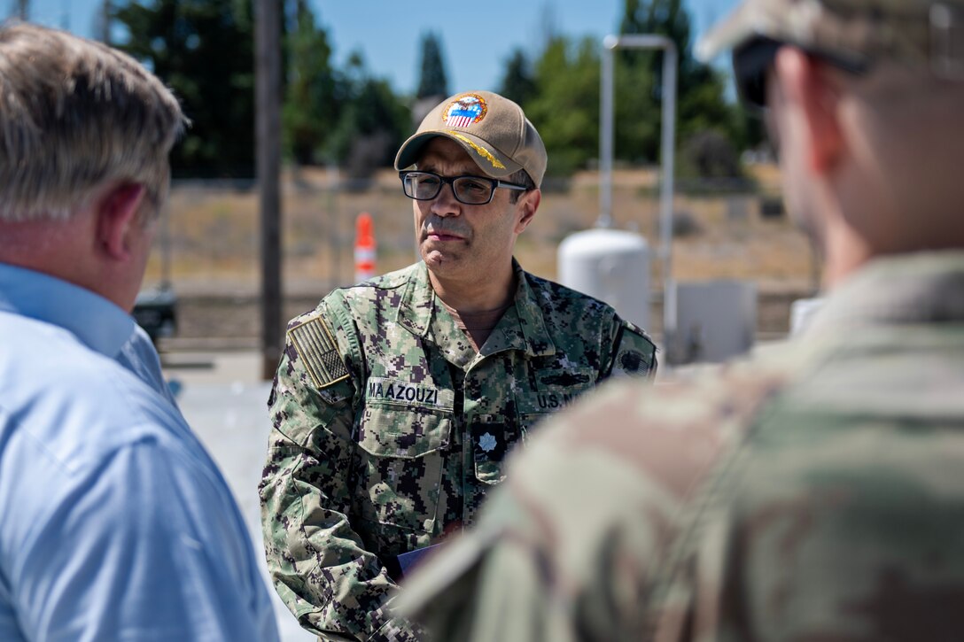 U.S. Navy Cmdr. Anas E. Maazouzi, Defense Logistics Agency Energy – Americas West commander, tours and receives a brief about the fuels facilities at Fairchild Air Force Base, Washington, July 31, 2024. Fairchild’s fuels Airmen execute four thousand fuel operations per year, issuing 17 million gallons of jet fuel in support of the 92nd Air Refueling Wing’s KC-135 Stratotanker mission. DLA-E plays a critical role in supporting the Department of Defense by ensuring a reliable supply of fuel and energy resources by managing the procurement, storage, and distribution of aviation fuel, ground fuel, and other energy products necessary for the operation of aircraft and base facilities. (U.S. Air Force photo by Senior Airman Morgan St Marks)