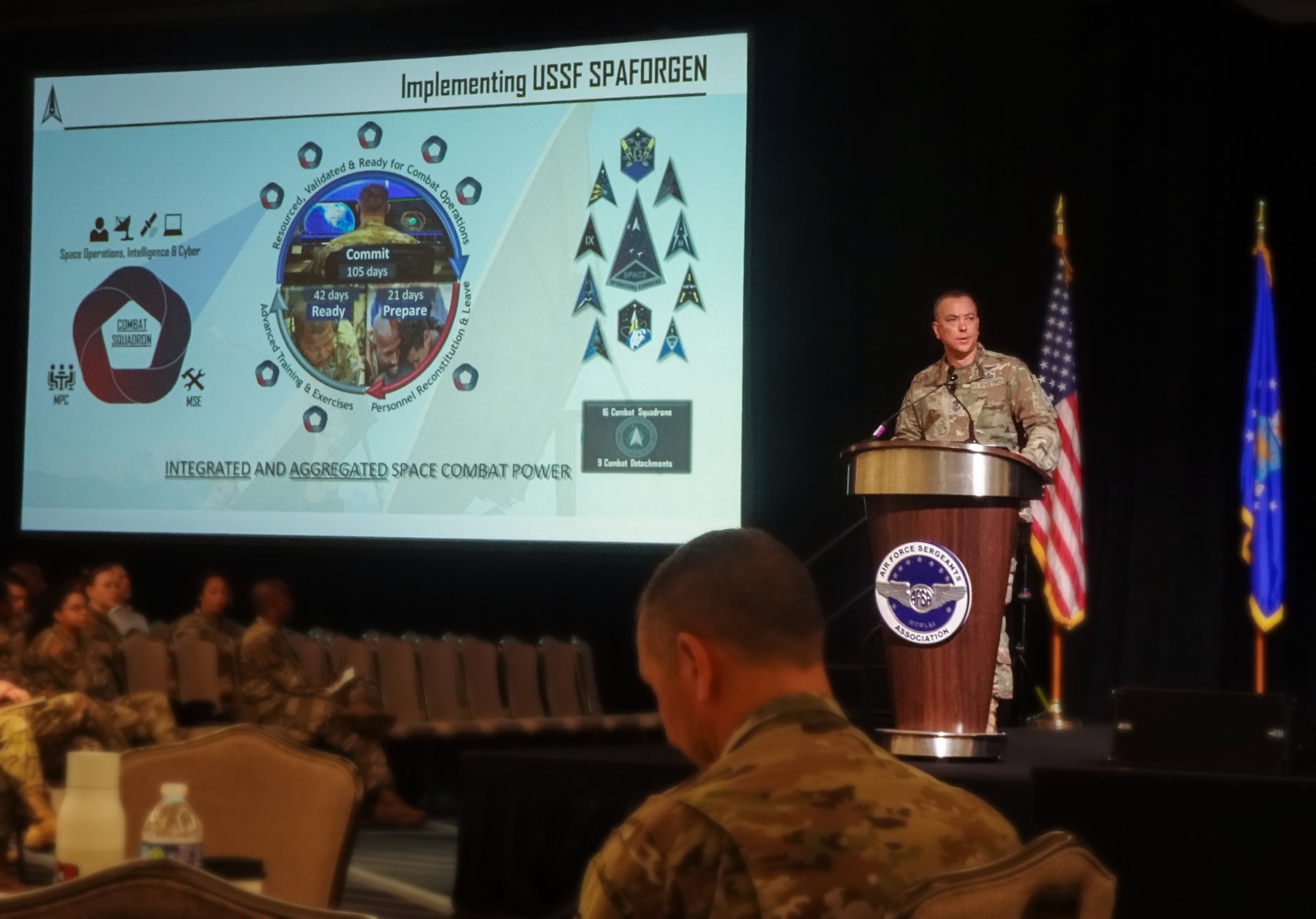 U.S. Space Force Chief Master Sgt. Caleb Lloyd, Space Operations Command senior enlisted leader, speaks to Airmen and Guardians at the 2024 Air Force Sergeant's Association International Convention in Houston, Texas, Aug. 14, 2024. During the AFSA event, Chief Lloyd educated audience members about the Space Force Generation cycle and the changing warfighting domain.