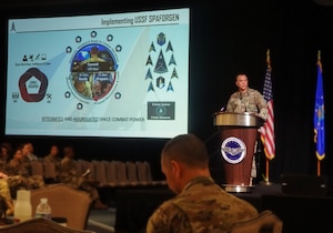 U.S. Space Force Chief Master Sgt. Caleb Lloyd, Space Operations Command senior enlisted leader, speaks to Airmen and Guardians at the 2024 Air Force Sergeant's Association International Convention in Houston, Texas, Aug. 14, 2024. During the AFSA event, Chief Lloyd educated audience members about the Space Force Generation cycle and the changing warfighting domain.