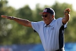 Umpire Lee Gray calls a runner safe during the 2024 Armed Forces Men’s and Women’s Softball Championship hosted by USA Softball at the USA Softball National Hall of Fame Complex in Oklahoma City Aug 16, 2024. (DoD photo by EJ Hersom).