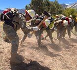 During line crew certification Aug. 16, 2024, Nevada National Guard trainees create firebreaks showcasing teamwork and determination in the fight against wildfires.