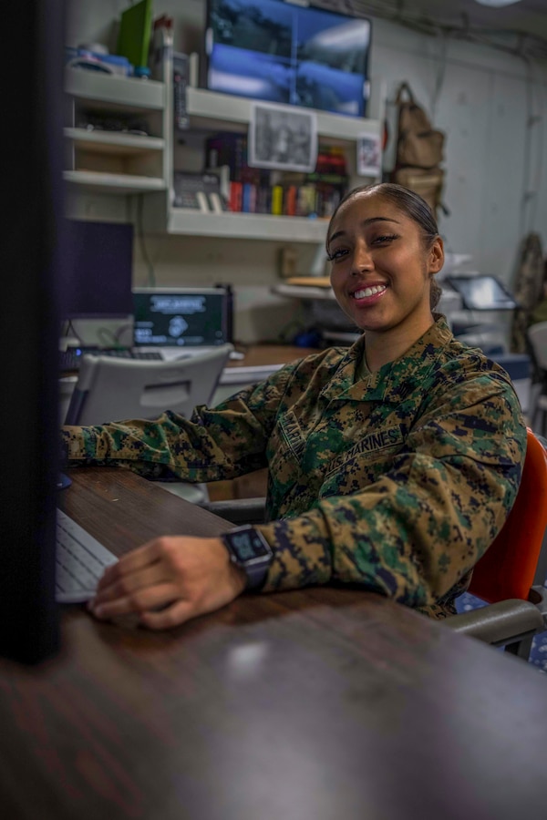 U.S. Marine Corps Sgt. Amy Martinez, an administrative specialist and travel noncommissioned officer in charge with the 24th Marine Expeditionary Unit (MEU) Special Operations Capable (SOC) poses for a photo aboard the amphibious assault ship USS Wasp (LHD 1) while underway in the Mediterranean Sea, Aug. 15, 2024. The Wasp (WSP) Amphibious Ready Group (ARG)-24th MEU (SOC) is conducting operations in the U.S. Naval Forces Europe and Africa area of operations on a scheduled deployment. The WSP ARG-24th MEU (SOC) is supporting U.S., Allied and partner interests in the region, including in the Eastern Mediterranean Sea, to continue promoting regional stability and deterring aggression. (U.S. Marine Corps photo by Lance Cpl. John Allen)