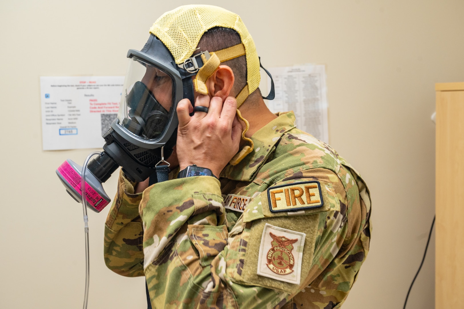 A U.S. Airman assigned to the 156th Wing tests a gas mask during an exercise Aug. 9, 2024, at Muñiz Air National Guard Base, Carolina, Puerto Rico. The exercise is part of the 125th Medical Group’s training.