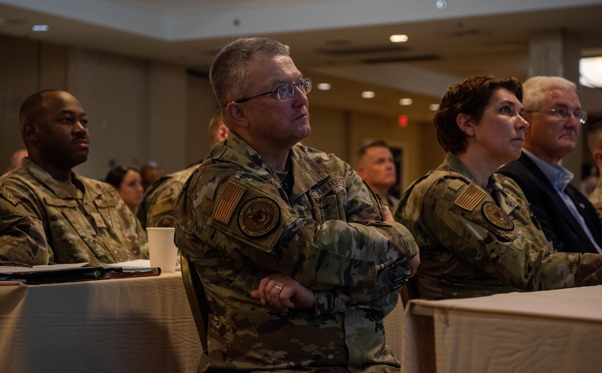 Maj. Gen. Randall Kitchens, Department of the Air Force chief of chaplains, listens to a keynote speaker during the annual Chaplain Corps summit in Arlington, Va., Aug. 7, 2024. With the theme: "Honoring the Past, Inspiring the Future: 75 Years of Freedom, Faith, Ministry," the summit brought together Chaplain Corps leaders and religious support teams from across the globe to reflect on the corps' history and a way ahead for the future. (U.S. Air Force photo by Staff Sgt. Emmeline James)