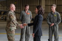 Airmen from the 5th Bomb Wing greet North Dakota Lt. Gov. Tammy Miller at Minot Air Force Base, North Dakota, Aug. 15, 2024. Miller received a tour of a B-52H Stratofortress to familiarize her with the deterrence mission at Minot AFB. (U.S. Air Force photo by Senior Airmen Alexander Nottingham)