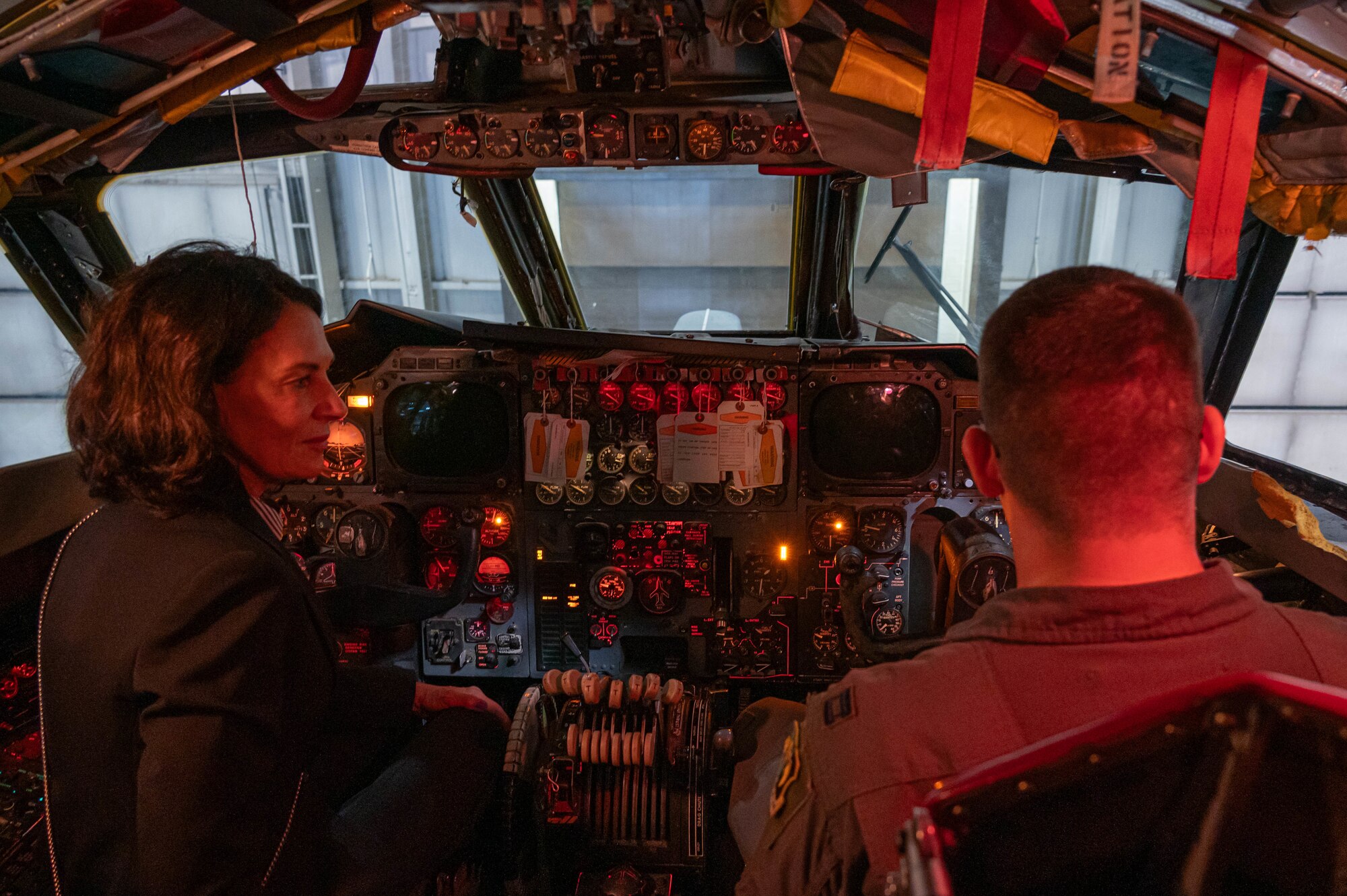 North Dakota Lt. Gov. Tammy Miller tours the cockpit of a B-52H Stratofortress at Minot Air Force Base, North Dakota, Aug. 15, 2024. Miller had the unique opportunity to learn the mission from B-52H crew members. (U.S. Air Force photo by Senior Airmen Alexander Nottingham)