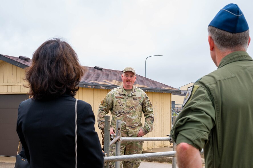 U.S. Air Force Staff Sgt. Coy Glidewell, 373rd Training Squadron, Detachment 23 instructor, explains Minute Man III intercontinental ballistic missile maintenance to North Dakota Lt. Gov. Tammy Miller and Col James Schlabach, 91st Missile Wing commander, at Minot Air Force Base, North Dakota, Aug. 15, 2024. Miller received the tour at Minot to become more familiarized with Minot AFB’s unique mission. (U.S. Air Force photo by Senior Airmen Alexander Nottingham)