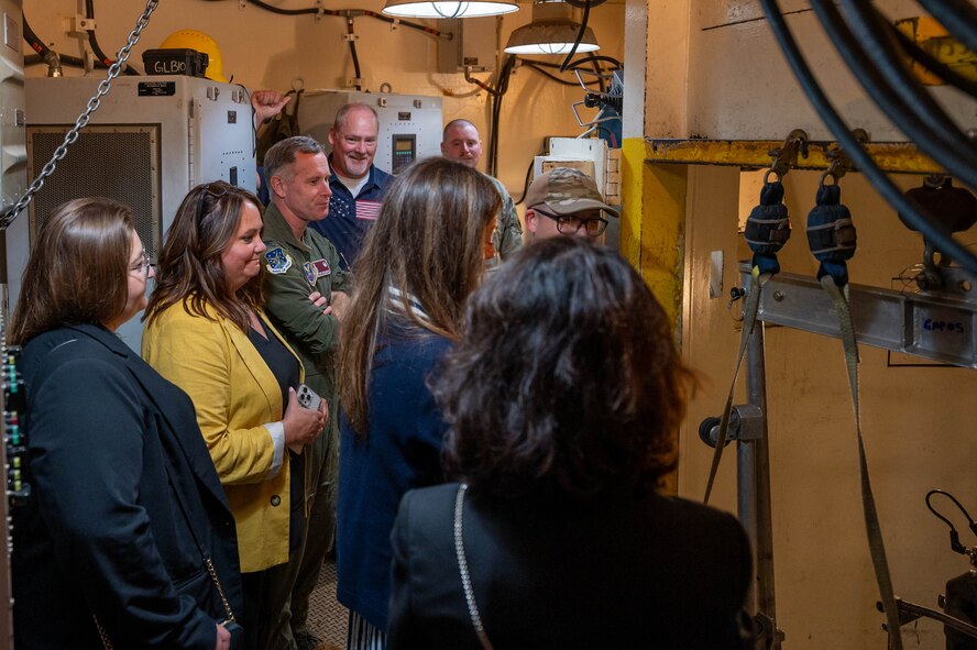 Instructors from the 373rd Training Squadron, Detachment 23 provide a tour of a simulated launch facility to North Dakota Lt. Gov. Tammy Miller and other local leaders at Minot Air Force Base, North Dakota, Aug. 15, 2024. The tour at Minot AFB allowed local leaders to become more familiarized with Minot AFB’s mission. (U.S. Air Force photo by Senior Airmen Alexander Nottingham)