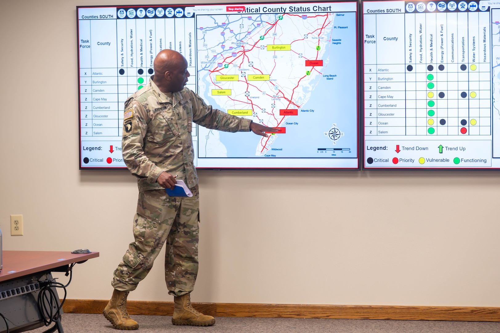 U.S. Army Chief Warrant Officer 3 Preston Robinson, with the Joint Staff - Joint Force Headquarters, New Jersey National Guard, briefs staff during training exercise Vigilant Guard in Lawrenceville, New Jersey, Aug. 18, 2024. Vigilant Guard is a full-scale exercise to ensure effective coordination between local, state, private sector, non-governmental and federal partners.