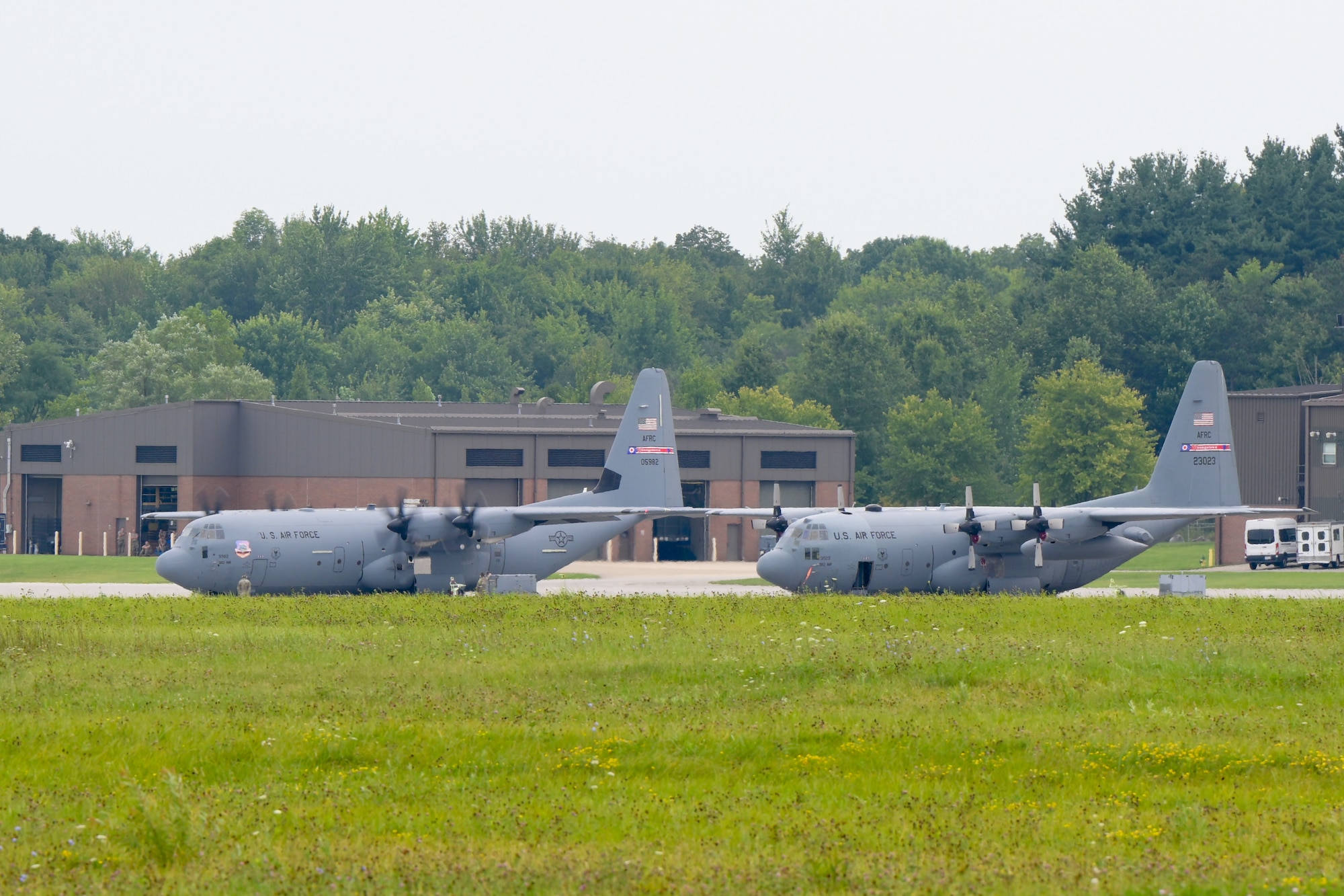 A C-130J Super Hercules aircraft taxis to the runway at Youngstown Air Reserve Station for its maiden flight as the 910th Airlift Wing's newest aircraft, Aug. 16, 2024.