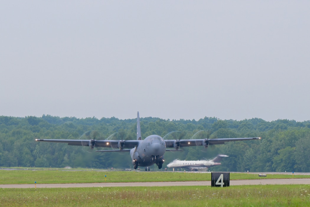 A C-130J Super Hercules aircraft takes off at Youngstown Air Reserve Station, Ohio, for its maiden flight as the 910th Airlift Wing's newest aircraft, Aug. 16, 2024.