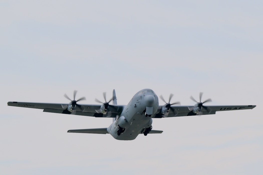 A C-130J Super Hercules aircraft takes off at Youngstown Air Reserve Station for its maiden flight as the 910th Airlift Wing's newest aircraft, Aug. 16, 2024.