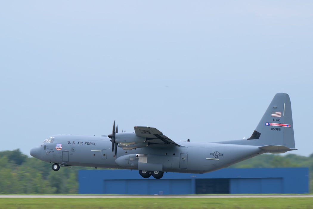 A C-130J Super Hercules aircraft takes off during a touch-and-go maneuver at Youngstown Air Reserve Station, Ohio, during its maiden flight as the 910th Airlift Wing's newest aircraft, Aug. 16, 2024.